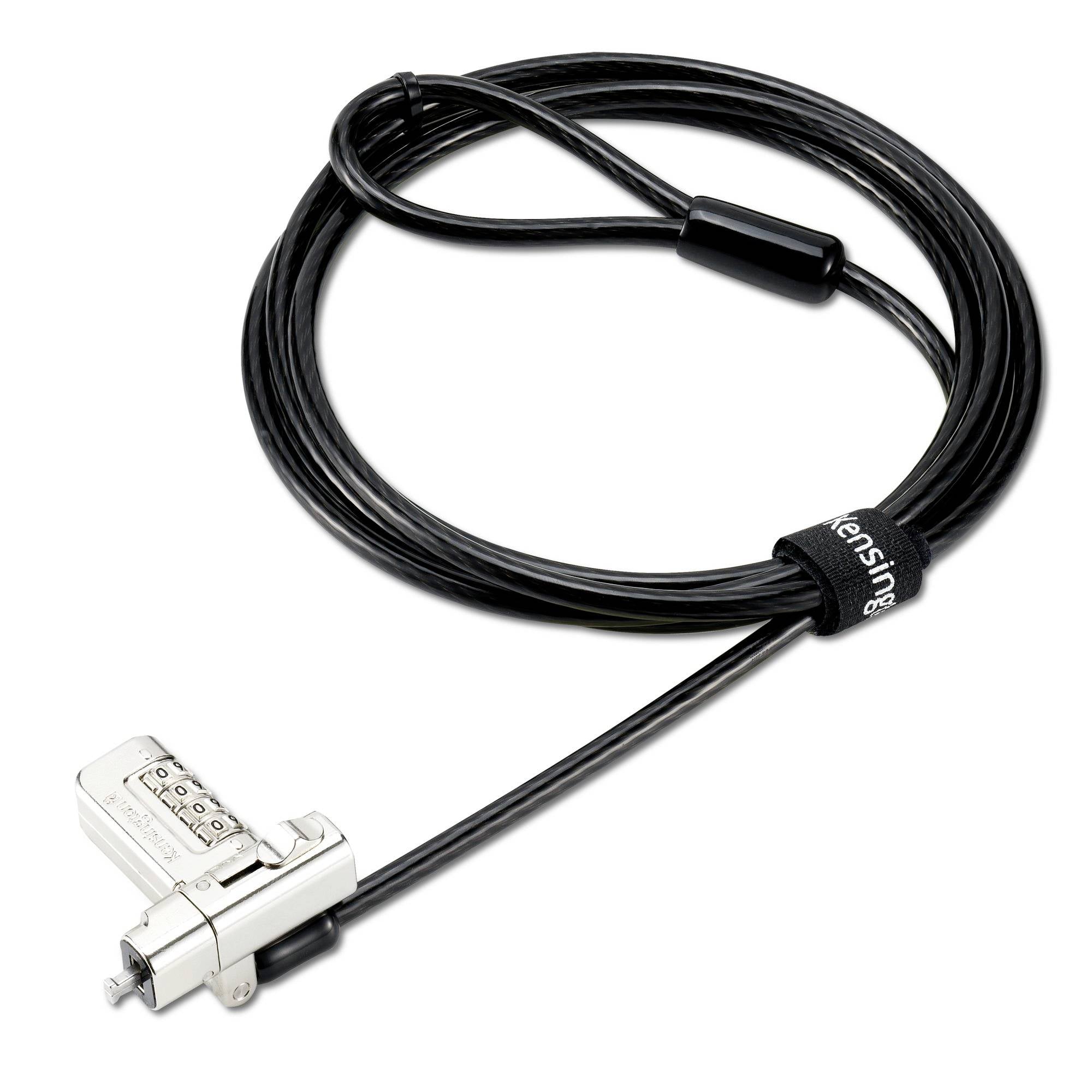 Câble de verrouillage de sécurité noir avec câble en boucle et tête de verrouillage argentée sur fond blanc.