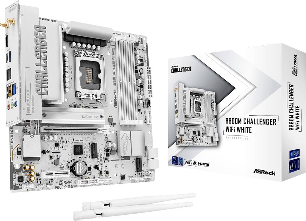 Carte mère ASRock B860M Challenger WiFi blanche au format micro-ATX présentée à côté de sa boîte de vente au détail et de deux antennes, dans un design blanc et argent.