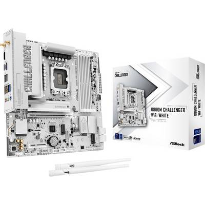 Carte mère ASRock B860M Challenger WiFi blanche au format micro-ATX présentée à côté de sa boîte de vente au détail et de deux antennes, dans un design blanc et argent.
