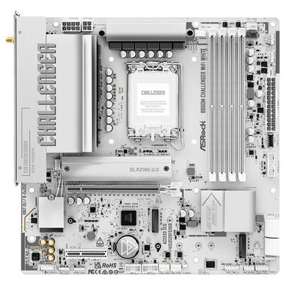Carte mère ASRock B860M Challenger WiFi blanche avec socket processeur, emplacements RAM, dissipateurs thermiques, emplacements PCIe et ports visibles sur une carte blanche.