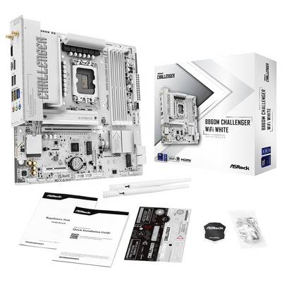 Carte mère ASRock B860M Challenger WiFi White présentée avec sa boîte de vente au détail et les accessoires inclus, notamment les manuels, les autocollants, les câbles et l'antenne.