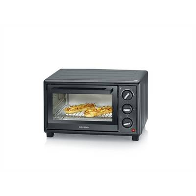 Four à micro-ondes de comptoir noir avec trois boutons de commande, montrant des aliments en train de cuire sur la grille à l'intérieur.