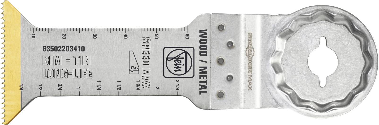 Gros plan d'une lame de scie oscillante Bosch avec une échelle de mesure de type règle, étiquetée « BIM - TIN LONG-LIFE » et « WOOD / METAL ».