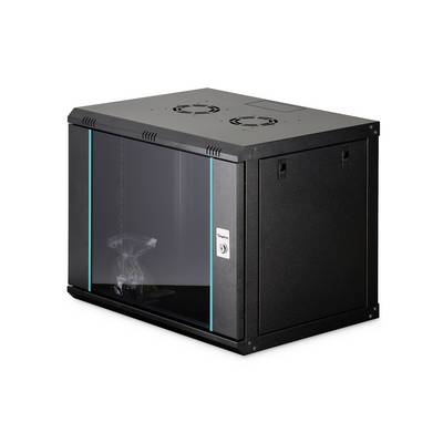 Armoire serveur noire avec porte avant en verre teinté, ventilateurs de ventilation en haut et panneau latéral ; vide, présentée sur un fond blanc.