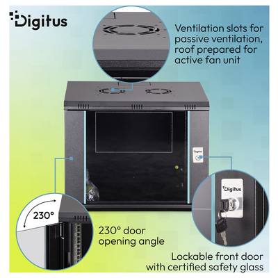 Armoire réseau Digitus avec toit ventilé pour refroidissement passif ou actif par ventilateur, ouverture de porte à 230°, et porte avant verrouillable avec verre de sécurité.