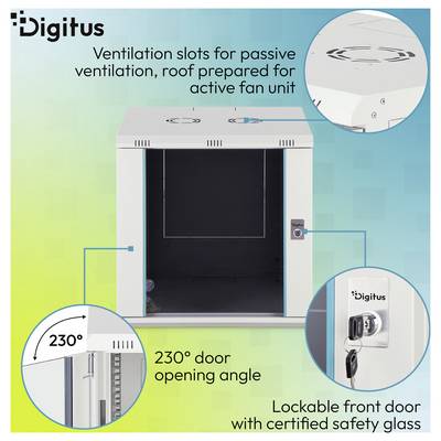 Armoire Digitus avec fentes de ventilation pour refroidissement passif ou actif par ventilateur, angle d'ouverture de porte de 230°, et porte avant verrouillable avec vitre de sécurité.