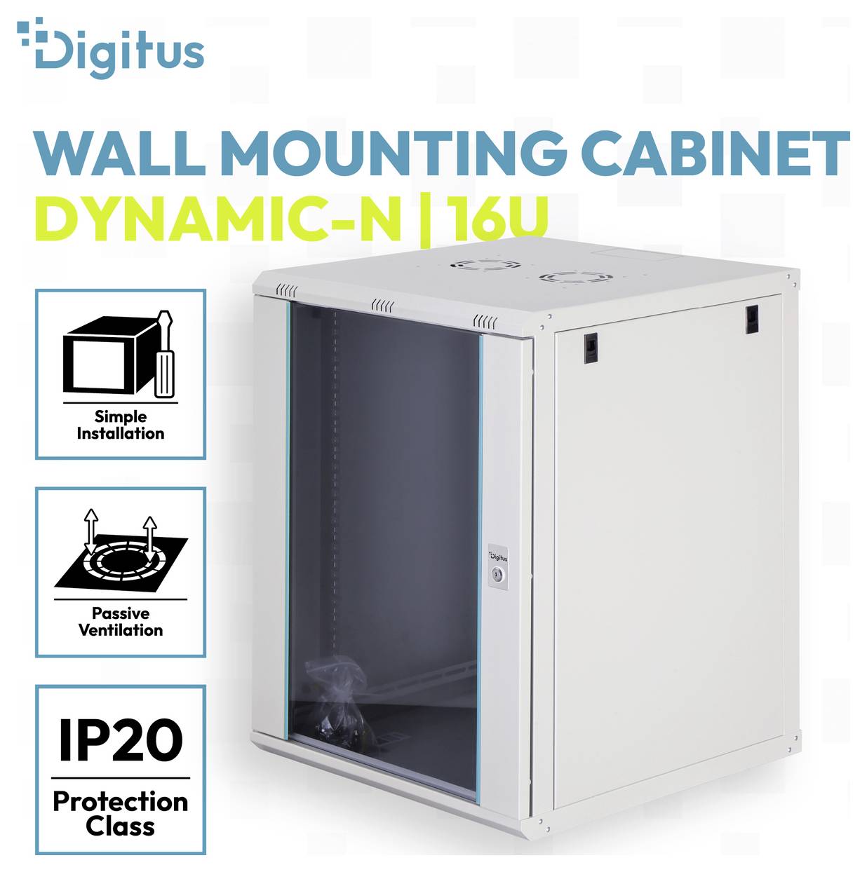 Image de produit d'une armoire murale Digitus, modèle Dynamic-N 16U, présentée avec porte avant en verre et icônes de fonctionnalités pour l'installation simple, la ventilation passive et la classe de protection IP20.