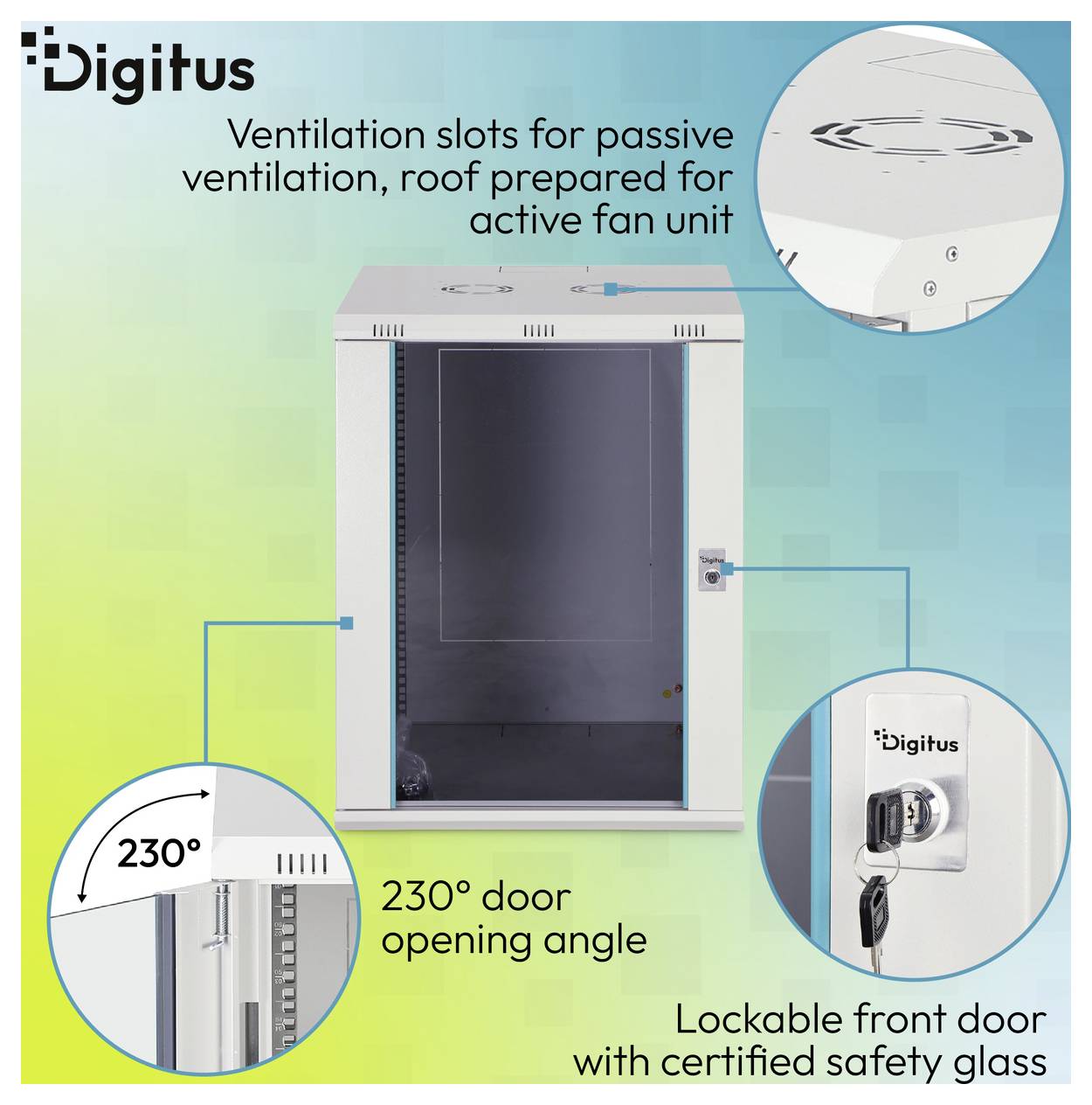 Armoire serveur Digitus avec porte avant, fentes de ventilation, angle d'ouverture de la porte de 230°, et porte en verre de sécurité verrouillable, montré en légendes.