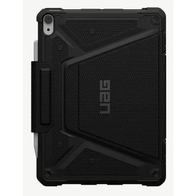 Étui de tablette robuste noir avec poignée et ouverture de caméra découpée, présenté de l'arrière avec le logo 'UAG' centré.