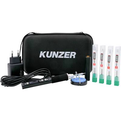 Kit de soudage KUNZER avec adaptateur secteur, fer à souder portatif, support et quatre embouts de soudure de rechange dans des coffrets en plastique.