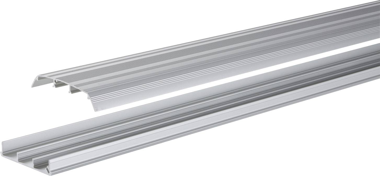 Deux longs rails d'extrusion en aluminium argenté avec des canaux rainurés, affichés en diagonale sur un fond blanc.