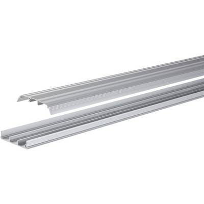 Deux longs rails d'extrusion en aluminium argenté avec des canaux rainurés, affichés en diagonale sur un fond blanc.