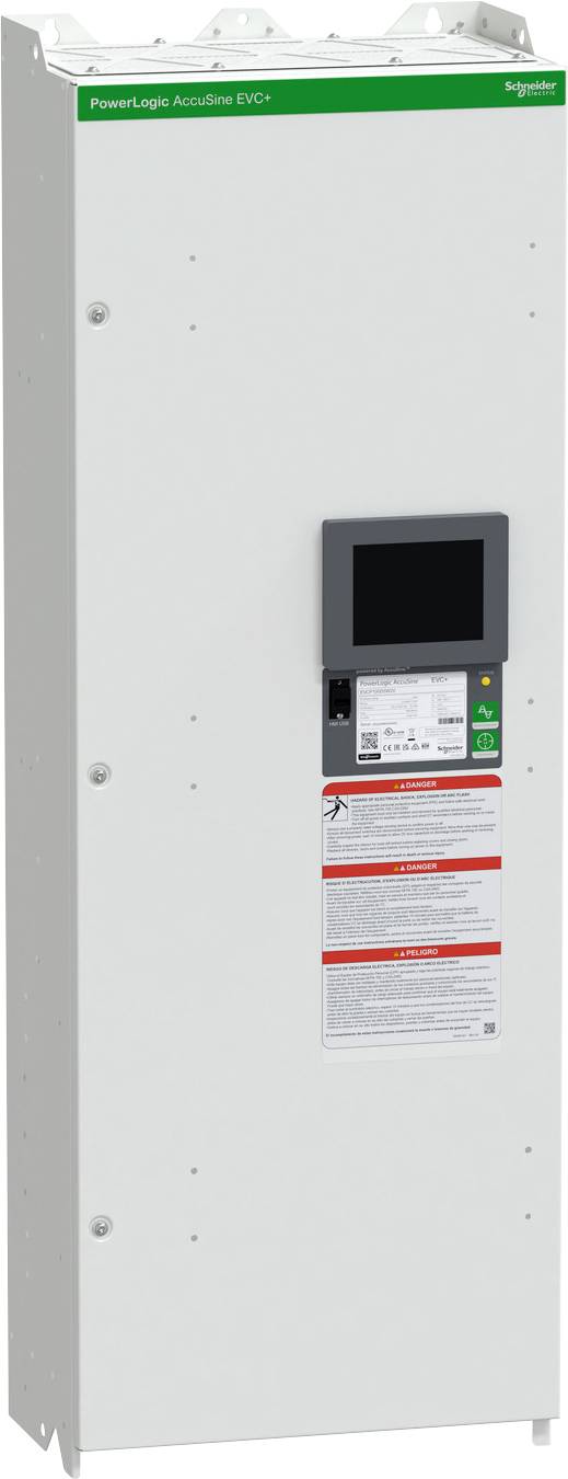 Un armoire blanche Schneider Electric Power Logic AccuSine VVC+ avec un écran tactile frontal et des étiquettes d'avertissement.