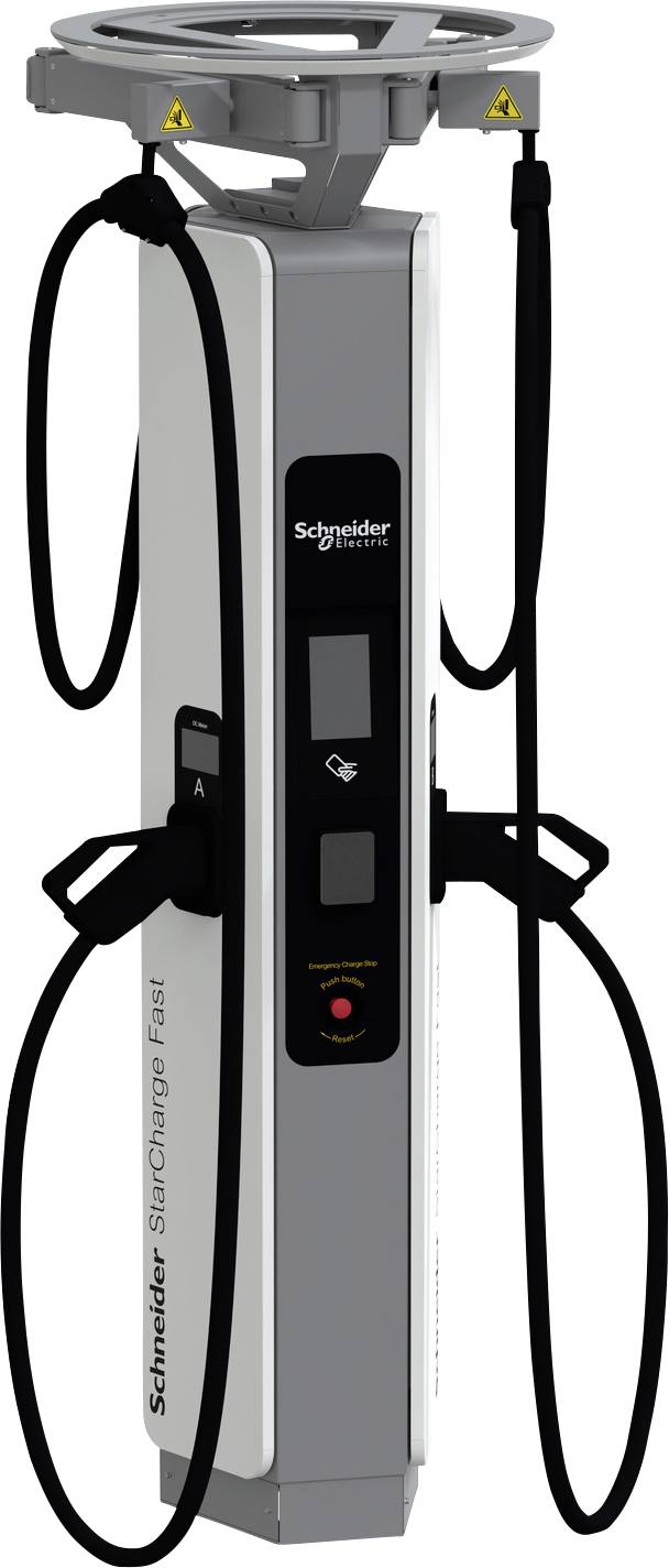 Station de recharge pour véhicules électriques Schneider Electric avec deux câbles de recharge suspendus et des étuis de connecteurs sur un haut piédestal gris.