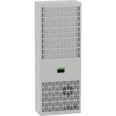Armoire industrielle Schneider Electric grise avec panneaux avant ventilés et petit logo au centre sur un fond uni.