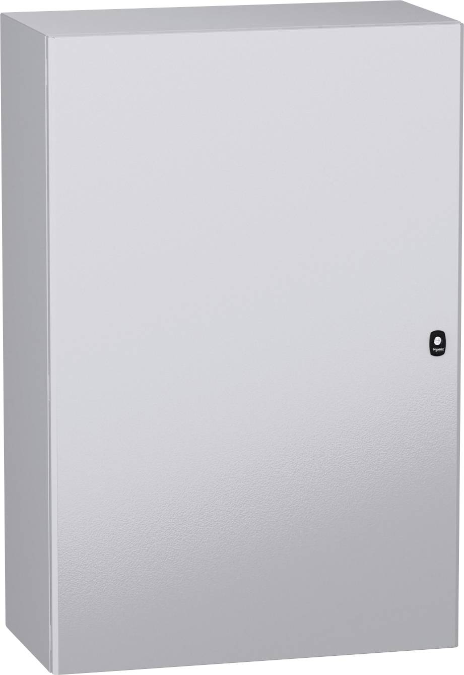 Armoire électrique en métal argenté uni avec un petit cadenas noir sur le côté droit, présentée fermée sur un fond blanc.