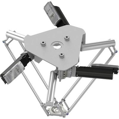 Bras robotique industriel delta avec trois actionneurs linéaires et une plaque centrale, présenté isolé sur un fond blanc.