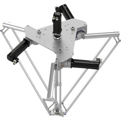 Robot delta industriel avec trois bras motorisés montés sur une plaque supérieure triangulaire centrale et un cadre vertical.