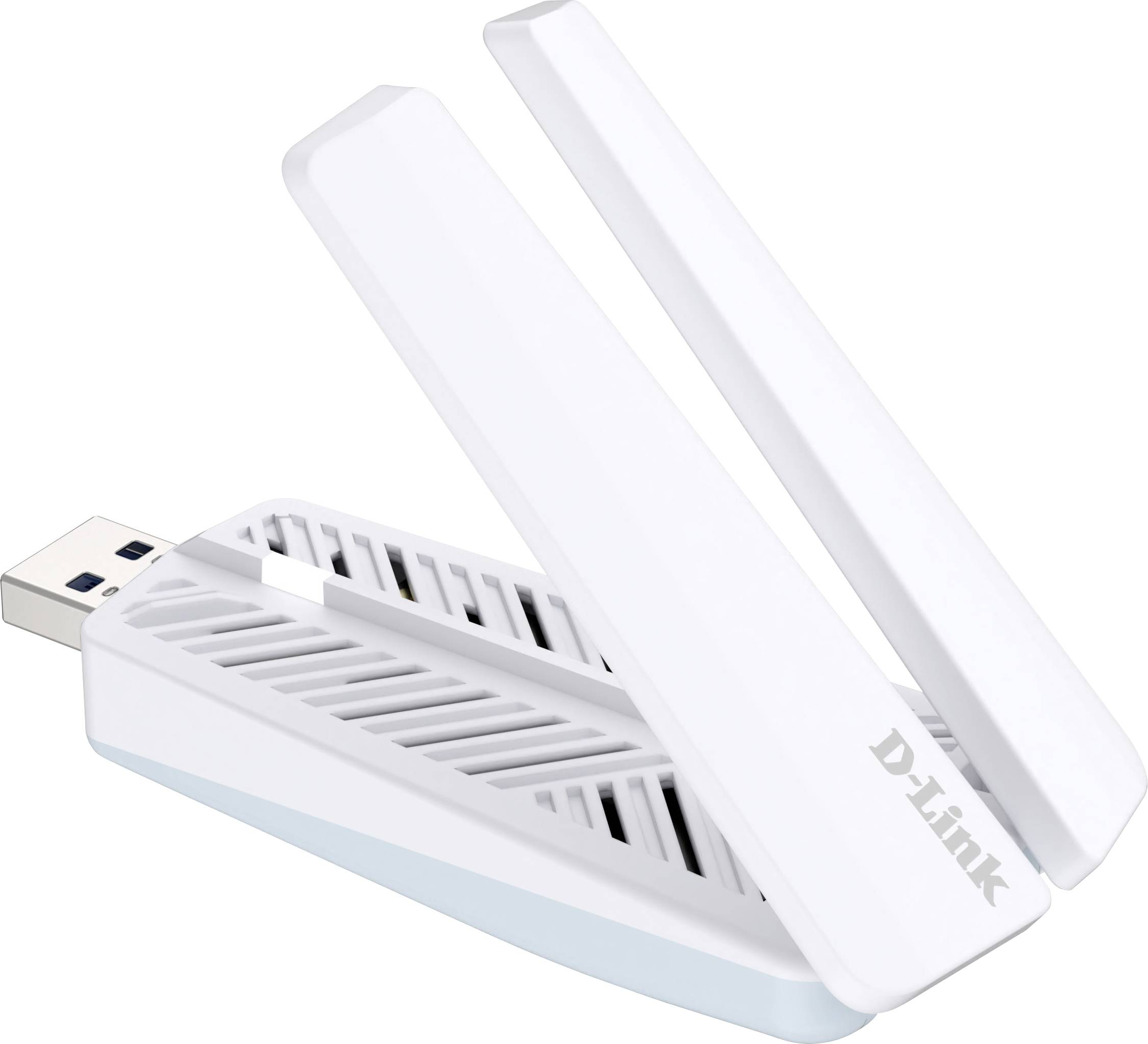 Adaptateur USB Wi-Fi D-Link blanc avec deux antennes pliables sur fond blanc.
