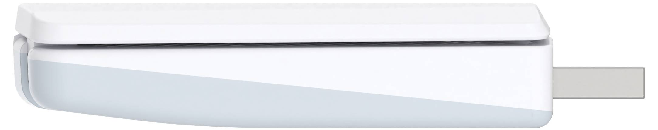 Appareil rectangulaire blanc et bleu clair avec un onglet de retrait gris s'étendant du côté droit sur un fond uni.