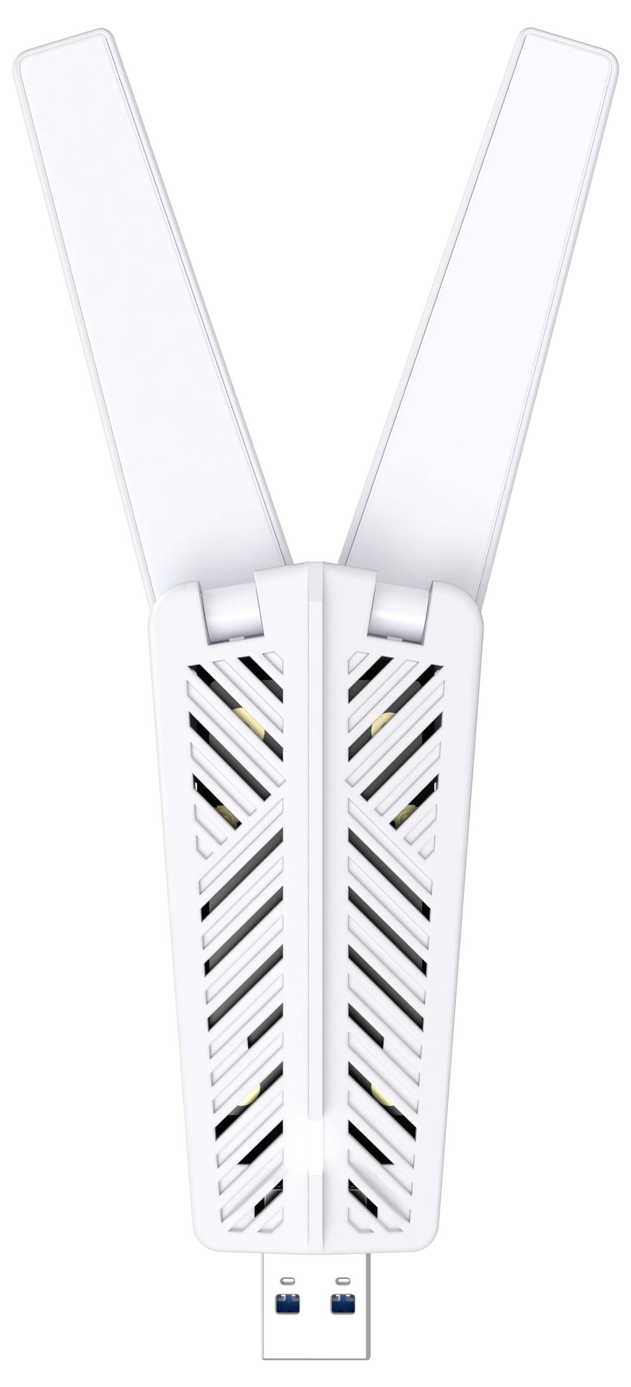 Ventilateur USB blanc avec deux pales translucides et un corps central aéré, montré en vue de face sur un fond blanc.