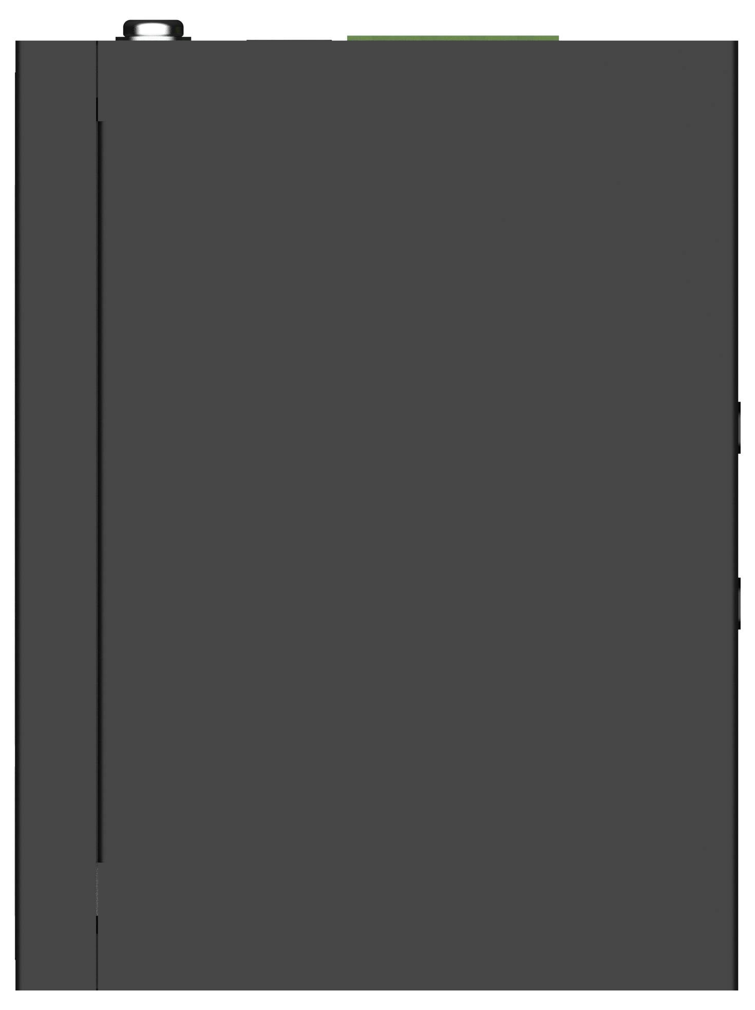 Armoire ou boîtier d'équipement rectangulaire gris foncé avec une couture latérale, une petite poignée supérieure et deux loquets en saillie sur le bord droit.