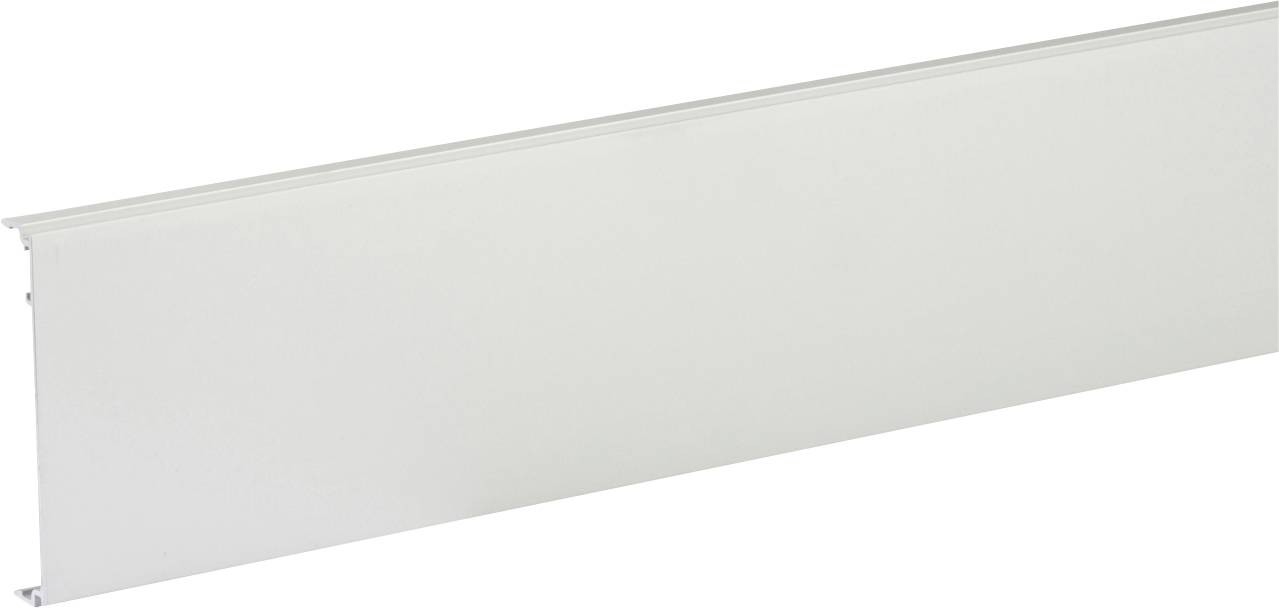 Panneau rectangulaire blanc allongé en aluminium ou élément de garniture montré en diagonale sur un fond blanc.