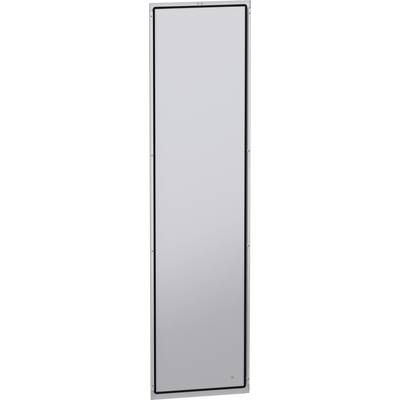 Panneau rectangulaire gris de grande taille ou appareil avec un cadre noir fin et un petit indicateur orange près du coin inférieur droit.