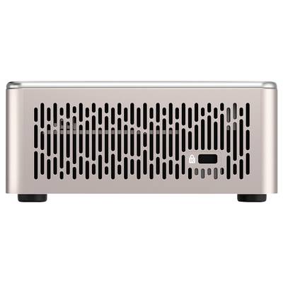 Vue de face d'un petit haut-parleur couleur or rose avec des découpes de grille noire et une petite ouverture de contrôle/affichage sur la droite.