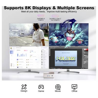 Image promotionnelle d'une configuration double écran affichant quatre écrans, avec le texte « Prend en charge les écrans 8K et plusieurs écrans » et les icônes pour Design, Game, Movie et Office.