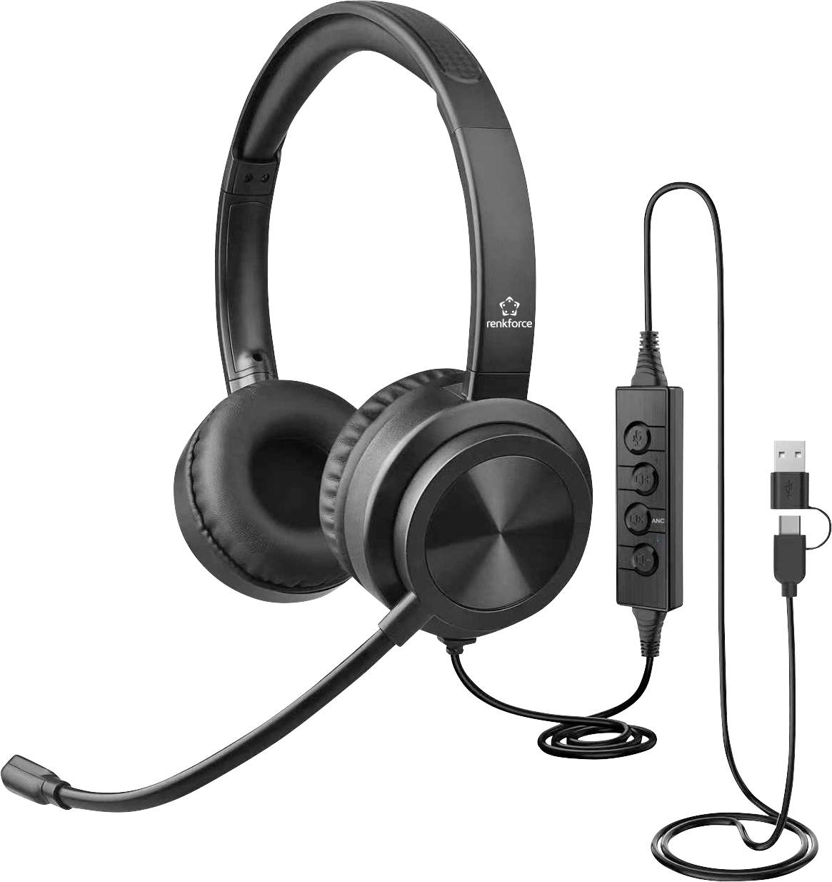 Casque supra-auriculaire noir avec connexion USB, microphone à bras articulé et contrôles de volume/sourdine intégrés, présenté avec un connecteur USB