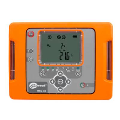 Compteur Orange Sonel MRU-30 avec affichage numérique affichant 2 V et 216 Ω, centré dans un boîtier portatif robuste.