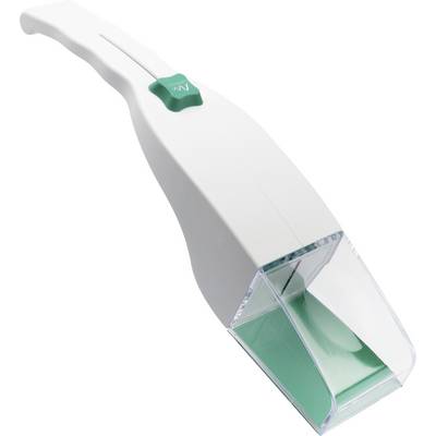 Appareil de nettoyage dentaire blanc tenu à la main avec un bouton « eau » vert et une pointe de buse transparente sur un fond uni.
