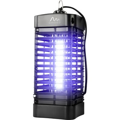 Piège électrique noir pour insectes avec lumière UV violette-bleue brillante à l'intérieur d'une cage de protection, marque « GARDIGO » sur le dessus.