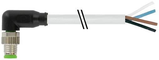 Connecteur de câble électrique à angle droit avec une gaine extérieure blanche et des fils noir, marron et bleu exposés à l'extrémité.