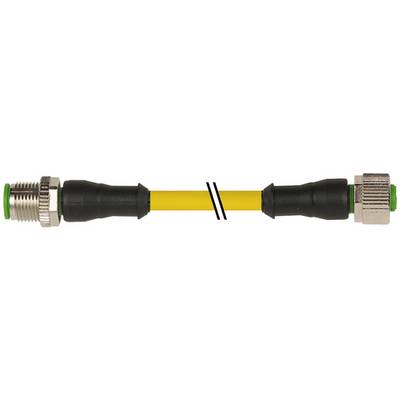 Câble à fibres optiques jaune avec connecteurs métalliques et embouts de protection noirs aux deux extrémités, présenté sur un fond blanc.