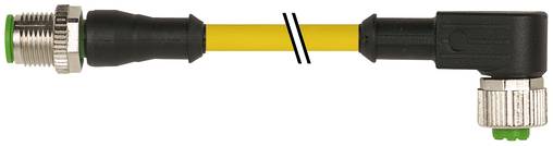 Câble de capteur jaune avec connecteurs métalliques aux deux extrémités, l'un droit et l'autre à angle droit, présenté sur fond blanc.