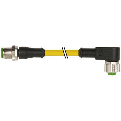 Câble de capteur jaune avec connecteurs métalliques aux deux extrémités, l'un droit et l'autre à angle droit, présenté sur fond blanc.