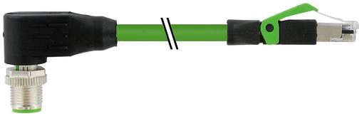 Câble à fibre optique verte avec connecteur à angle droit et clip de verrouillage, montré en gros plan sur fond blanc.