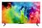 Téléviseur à écran plat affichant une explosion abstraite vivante de nuages de poudre multicolores, avec des pieds de support noirs sur un fond blanc.