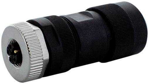 Connecteur électrique circulaire noir avec bague de verrouillage à rainures argentées, présenté sur un fond blanc.