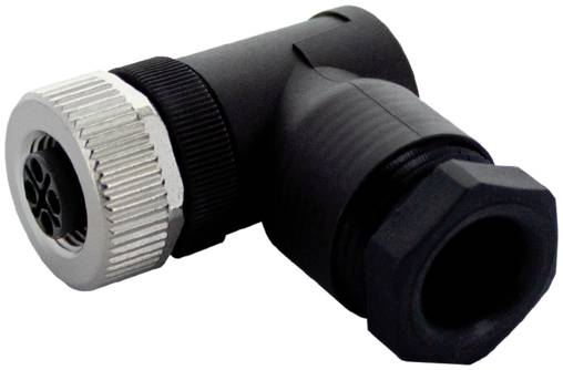 Connecteur de câble noir coudé avec un couplage fileté argenté, montré sur fond blanc.