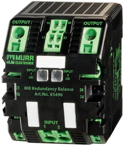 Module électrique industriel de redondance Murr Elektronik MB noir et vert avec bornes d'entrée et de sortie étiquetées.
