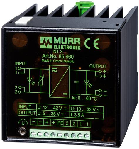Unité d'alimentation Murr Elektronik NT3 vue de face avec bornes d'entrée et de sortie étiquetées, plages de tension et évaluation de 3,5 A.