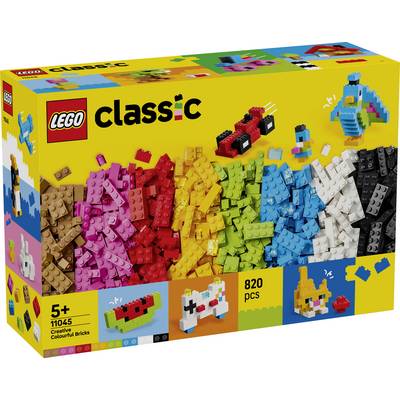 Boîte LEGO Classic Briques Créatives avec 820 pièces colorées, à partir de 5 ans, présentée en piles arc-en-ciel sur un emballage jaune.