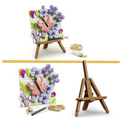 Mosaïque de fleurs de style LEGO sur un chevalet, présentée avec un pinceau et une palette, et une deuxième vue du chevalet plié ouvert à côté de l'œuvre d'art finie.