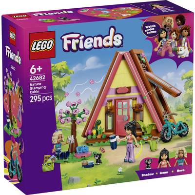 Boîte LEGO Friends Nature Glamping Cabin, montrant une scène de cabane en A avec des mini-poupées, un vélo et des accessoires ; 295 pièces, à partir de 6 ans.