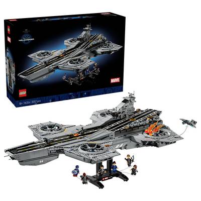 Ensemble LEGO Marvel SHIELD Helicarrier présenté dans sa boîte et modèle construit, montrant un grand porte-avions gris avec des minifigures et un petit avion de chasse.