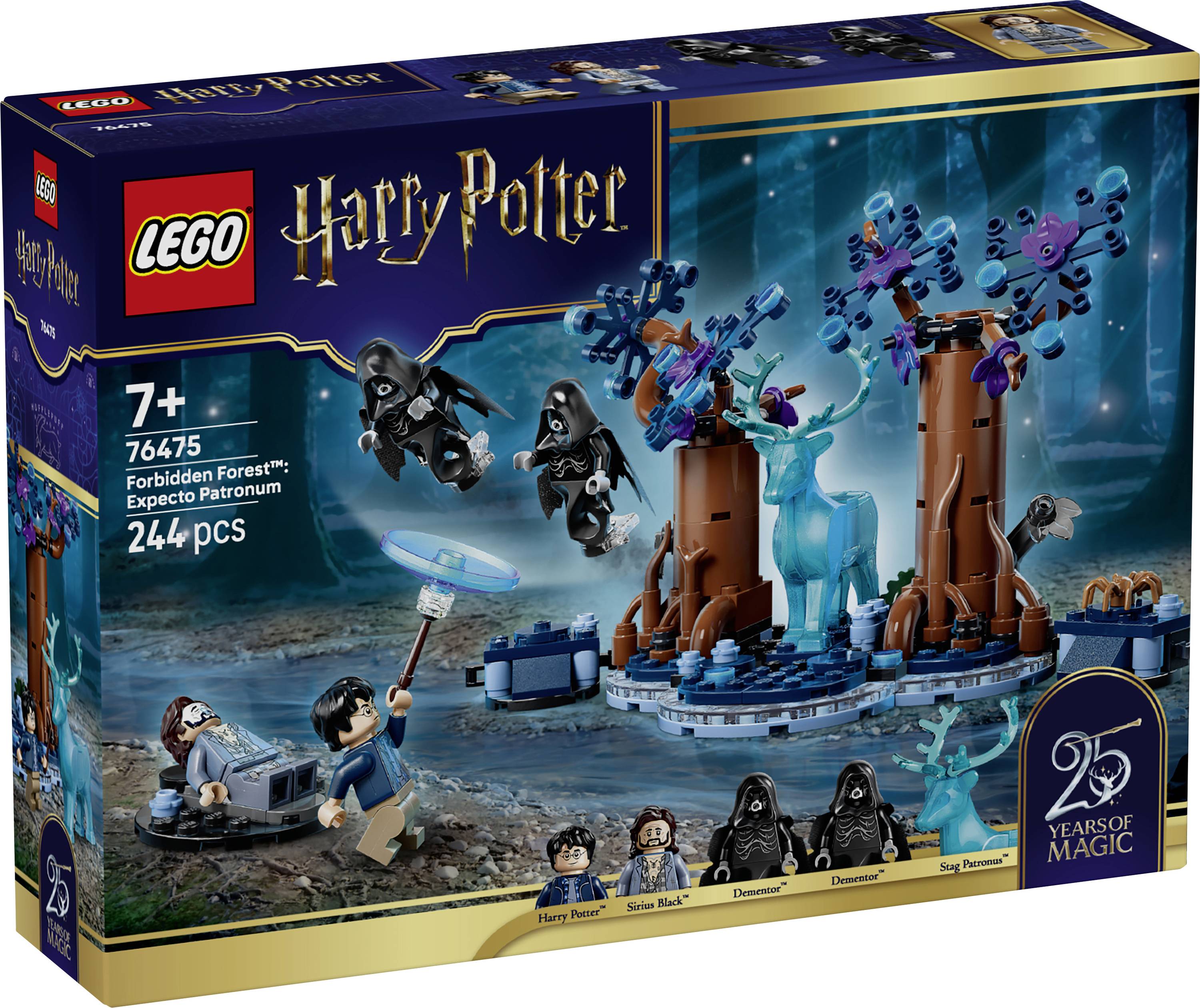 Boîte du set LEGO Harry Potter « Forbidden Forest: Expecto Patronum », à partir de 7 ans, 7647 pièces, 244 pcs, avec des figurines de Patronus cerf et élan dans une scène de forêt.