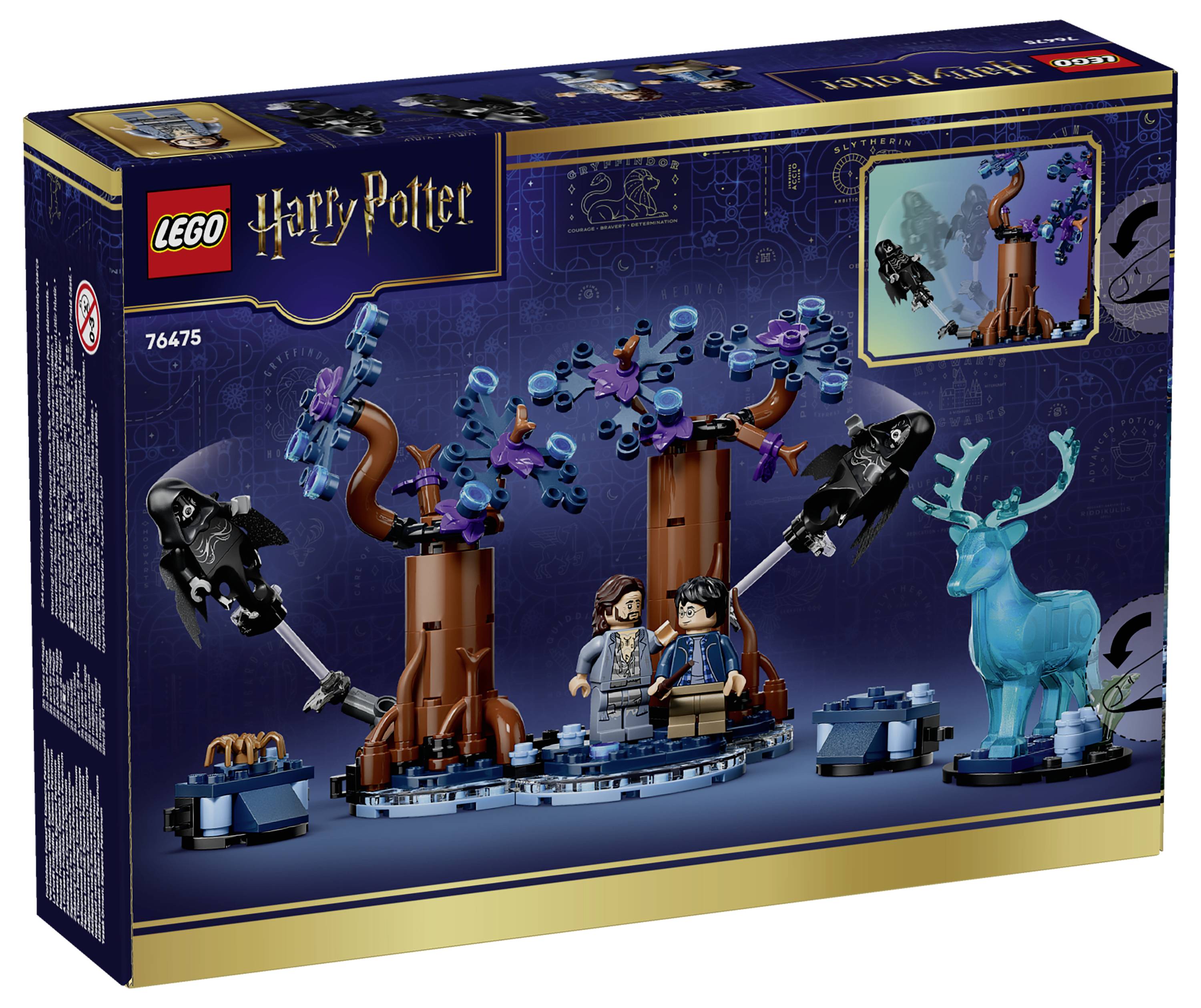 Boîte de set LEGO Harry Potter 76475, montrant deux figurines et une scène de forêt magique avec deux arbres, des créatures noires et un cerf bleu ressemblant à un élan.